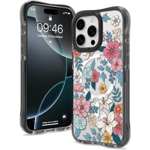 Magnetic for iPhone 16 Pro Max Case [Compatible with MagSafe] Aesthetic Floral Flower Pattern Design, Clear Slim Shockproof Protective Phone Cover for Women Girls