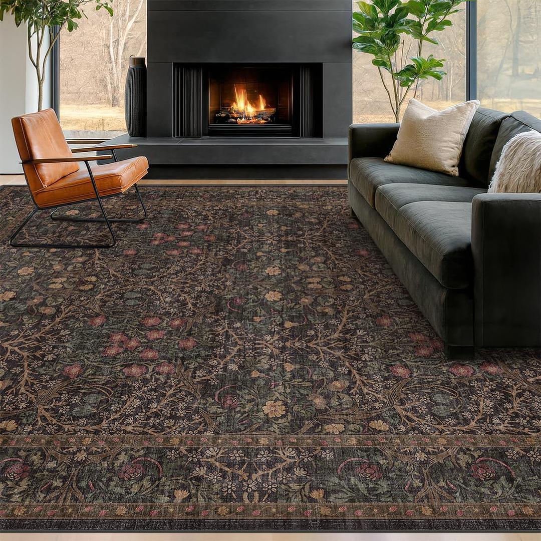 Vintage Washable Dark Brown Rugs for Living Room, 8x10 Area Rugs for Dining Room Under Table, Bedroom, Black Brown Deep Olive Taupe Espresso Accent Floral Carpet Non-Slip, Low Pile Stain Resistant