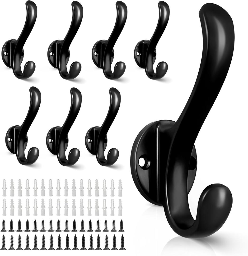 8 Pack Coat Hooks Wall Mount Heavy Duty Utility Retro Double Hooks for Hanging Coats,Hat, Towel, Key, Robe, Scarf, Bag, Cap (Black)