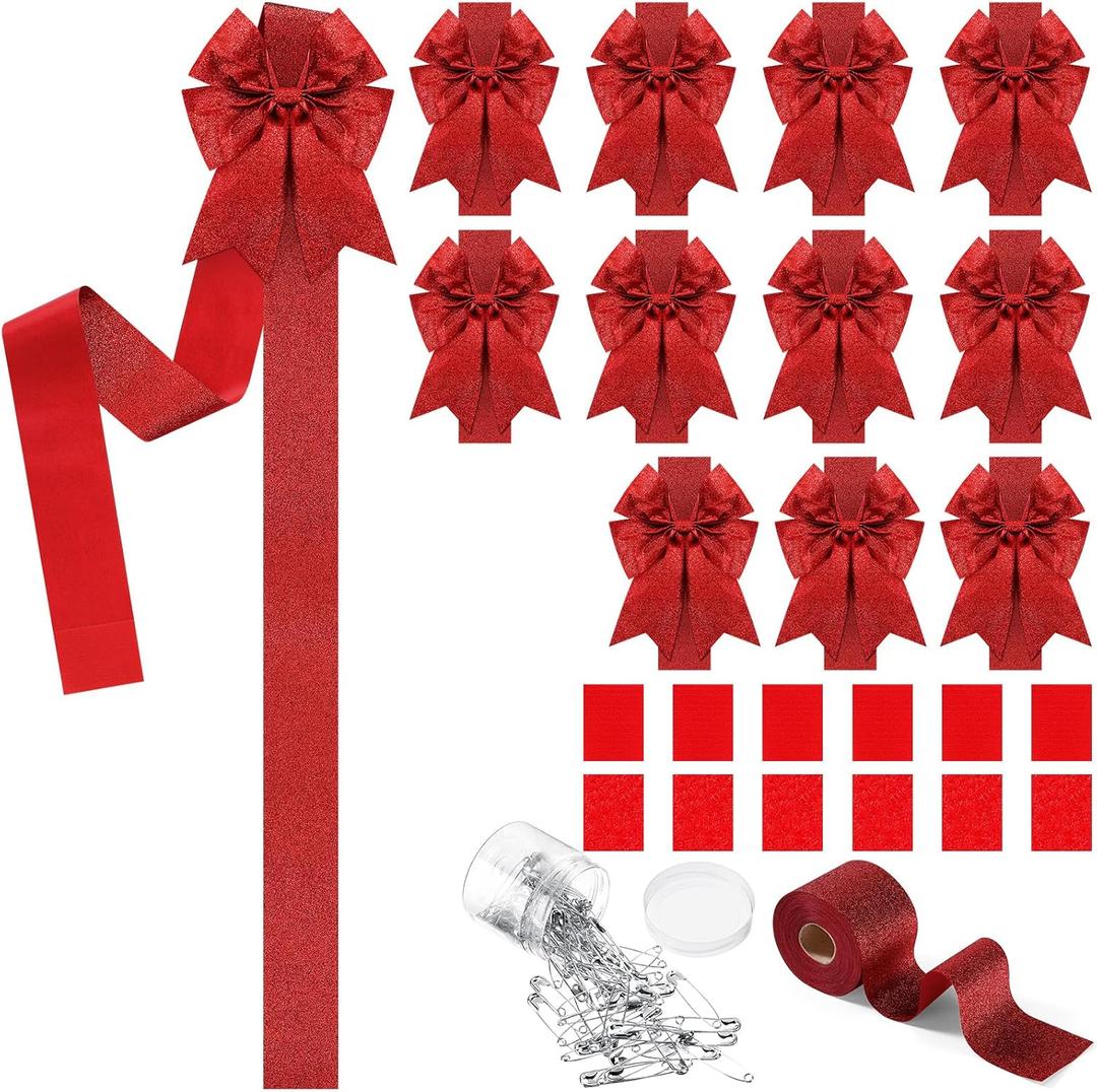 Syhood 12 Pieces Christmas Cabinet Ribbons Xmas Door Ribbon Cabinet Bows with Large 30m Red Ribbons for DIY Festive Party Christmas Tree Decor Dining Kitchen Supplies (Wine Red)