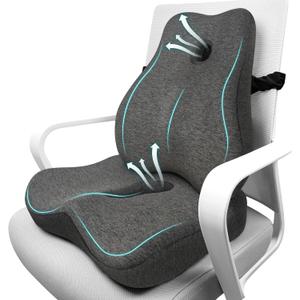 JIPORIER Seat Cushion & Lumbar Support Pillow Set for Office Chair, Ergonomic Pillow for Sciatica Pain Relief, Memory Foam Back Support Pillow & Chair Cushion for Car seat, Desk Chair (Grey)