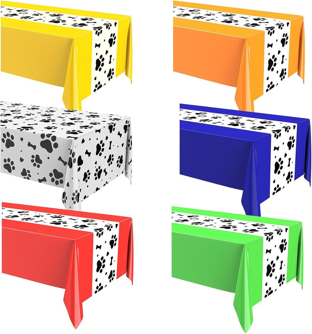 Oudain 6 Pcs Paw Print Plastic Tablecloths Disposable Rectangle Bone Sign Large Table Covers for Dog Theme Birthday Party Decorations Boy Girl Puppy Pet Dog Cat Party, 54x108 Inch (Colorful)