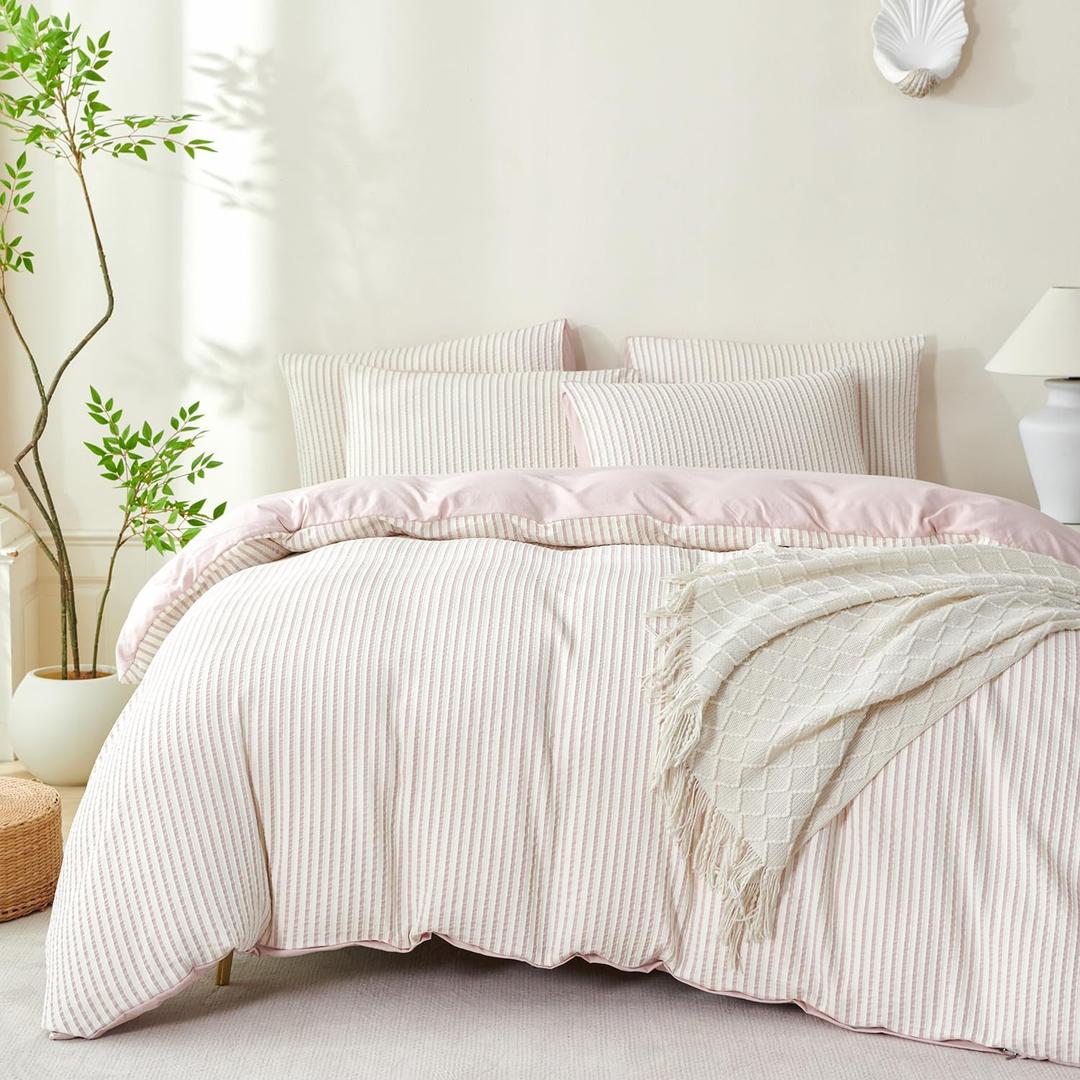 Comforter Set King Size Dusty Pink Soft Luxury Washed Microfiber Jacquard 3 Pieces Bedding Set, White Dusty Pink Vertical Ticking Stripes Comforter with 2 Pillowcases Breathable Durable Comfy