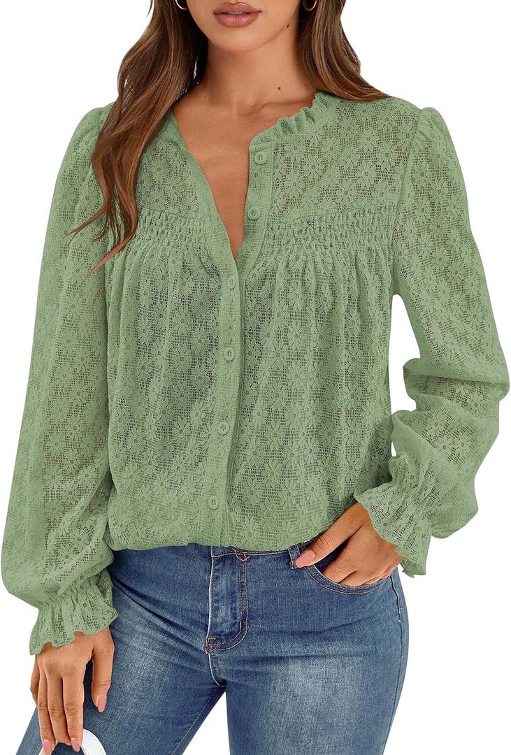 PRETTYGARDEN Lace Long Sleeve Shirts Casual Button Down Going Out Tops Hollow Out Eyelet Blouses 2026 Spring Fashion Clothing(Grass Green,Medium) (M)