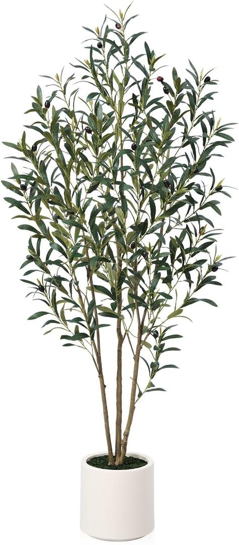 Artificial Olive Tree 5ft, Tall Faux Olive Tree with White Planter, UV-Resistant Fake Plants for Indoor and Outdoor Decor, Realistic Potted Plants for Home, Office & Living Room Decor VN158 (Green)