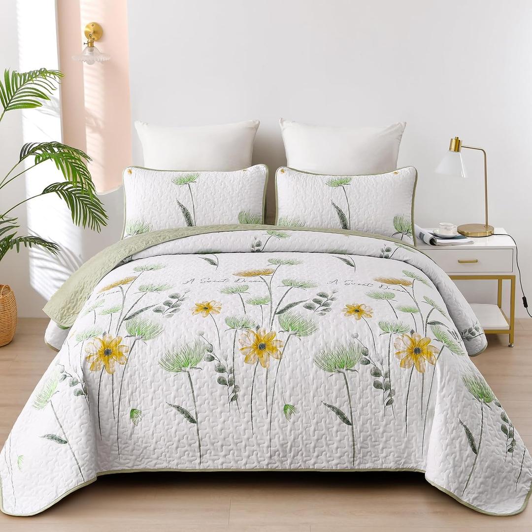 Dinjoy King Size Quilt Set Floral,3 Piece Green and Yellow Farmhouse Bedding Set Lightweight Flower Bedspreads White Coverlet Bed Sets Cute Boho King Quilts for Fall All Season(110"x90")