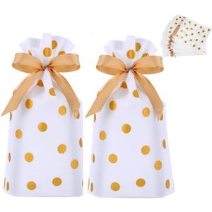 KUPOO 50Pcs Candy Cookies Plastic Drawstring Gift Bags 6X9 Inch Gold Dot Treat Bags for Birthday Party Wedding Festival Gift Wrapper (Gold Dot)
