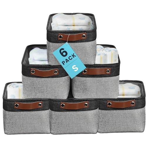 OrganiHaus Small Fabric Storage Baskets 6 Pack, 12x8in Cloth Storage Bins for Shelves, Small Baskets for Organizing Bathroom Pantry Closet, Canvas Shelf Baskets, Gray/Black