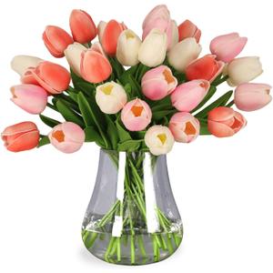 30pcs Tulips Artificial Flowers, Real Touch Fake Flowers Home Decor, Faux Tulips Bouquets Arrangements for Spring Easter Mothers Day Wedding Dining Room Table Decoration(3 Colors), Cream & Pale Pink & Peach Pink