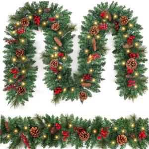 9FT Christmas Garland Decoration Prelit Christmas Garland with 100 Lights - Lighted Garland with Pine Cones Red Berries Cedar Lush 282 Branches Garland for Mantle Stairs Door Tree Timer