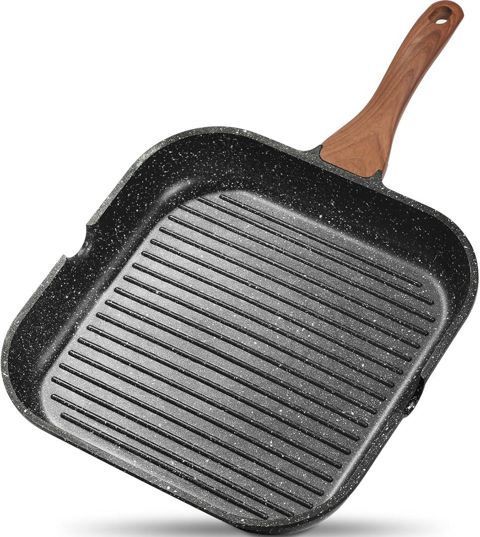 ESLITE LIFE 9.5 Inch Nonstick Grill Pan for Indoor Cooking, Versatile Induction Square Large Grilling Skillet Steak Pan for Stove Tops, PTFE & PFOA Free, Black