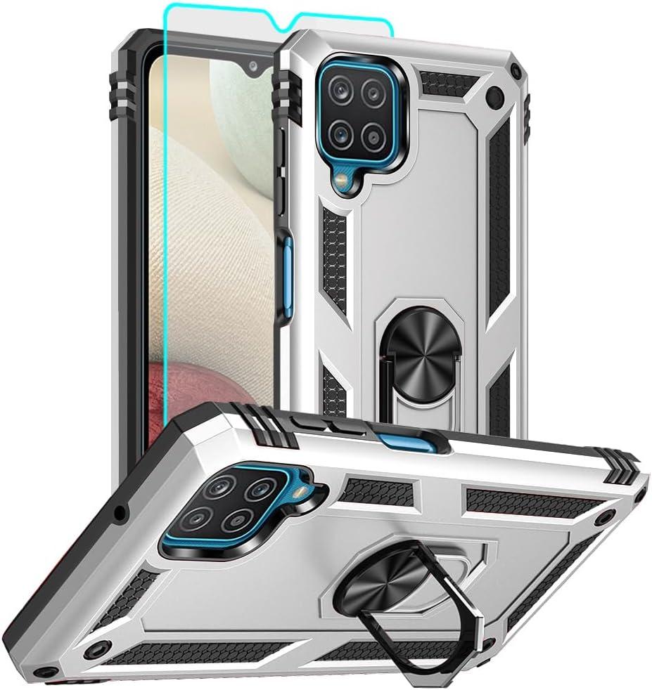 for Samsung Galaxy A12 Phone Case, Samsung A12 Case with HD Screen Protector, [Military Grade 16ft. Drop Tested] Ring Shockproof Protective Phone Case for Samsung Galaxy A12,Sliver
