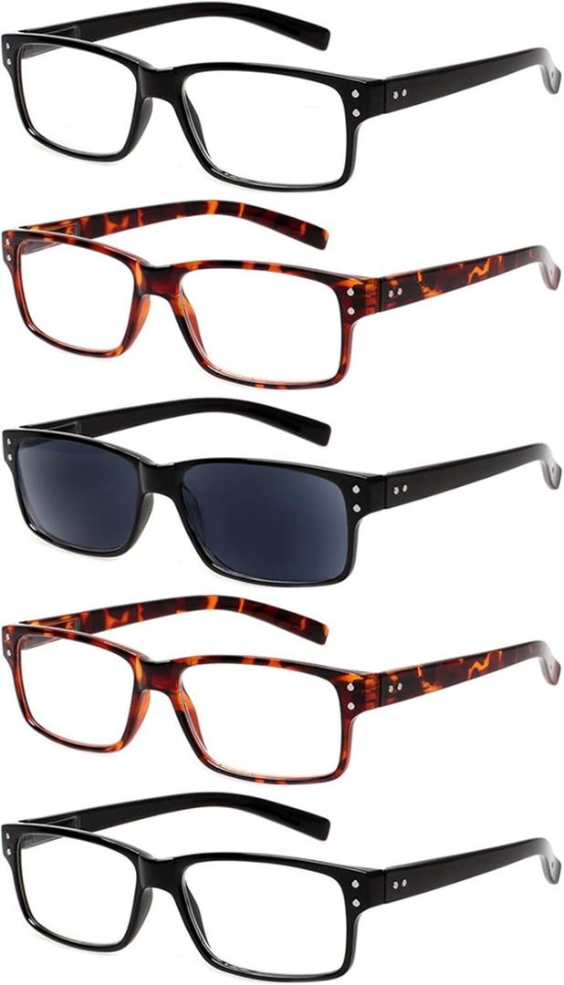 NORPERWIS Reading Glasses 5 Pairs Quality Readers Spring Hinge Glasses for Reading for Men and Women (2 Black 2 Tortoise 1sun, 2.00)