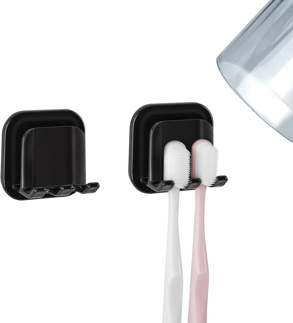 2 PCS Self-Adhesive Toothbrush Holders Wall Mounted, Water Proof Toothbrush Hook, 2 in 1 with Toothbrush Hanger and Gargle Cup Holder for Bathroom Shower (Black) 