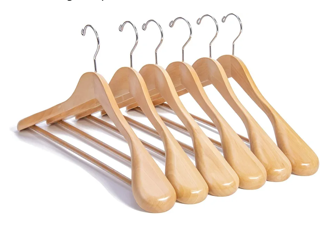 HOUSE DAY Wide Shoulder Wooden Hangers, Suit Hangers with Non Slip Pants Bar, Smooth Finish 360° Swivel Hook HighGrade Solid Wood Coat Hangers for Dress, Jacket, Heavy Clothes Hanger 6 Pack (Natural)