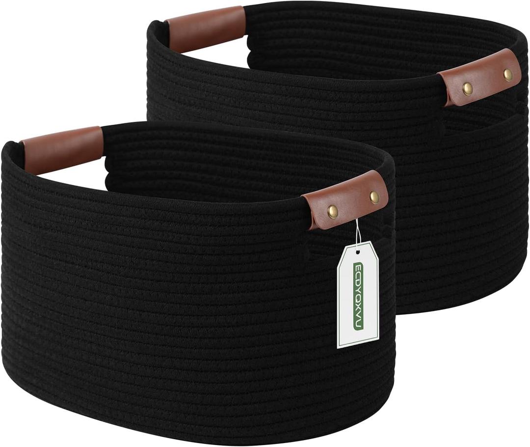 ECDYQXVU Cotton Rope Basket, Storage Baskets with Handle, 15x10x9 Inch Woven Basket for Shelves, Laundry, Towels, Clothes, Books (Black 2Pack)