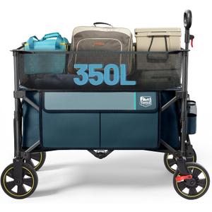 Timber Ridge 350L Extra Large Collapsible Folding Wagon Carts with Brake, Heavy Duty Outdoor Camping Utility Wagons with Extended Height, Adjustable Handle, Cup Holders, Side Bag(Blue)