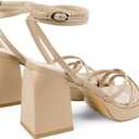 ISNOM Narrow Feet Nude Platform Heels for Women Comfy Strappy Heels Short Block Chunky Sandals Ankle Strap Simple Summer Heeled Sandals Square Open Toe for Wedding Work Party Dress Prom Size 10 (Beige, M)