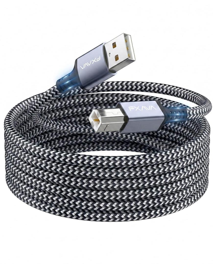 25 Foot USB Printer Cable, Nylon Braided Type A to B 2.0 Cord, Compatible with HP, Canon, Brother, Epson, Scanner and MIDI Keyboard