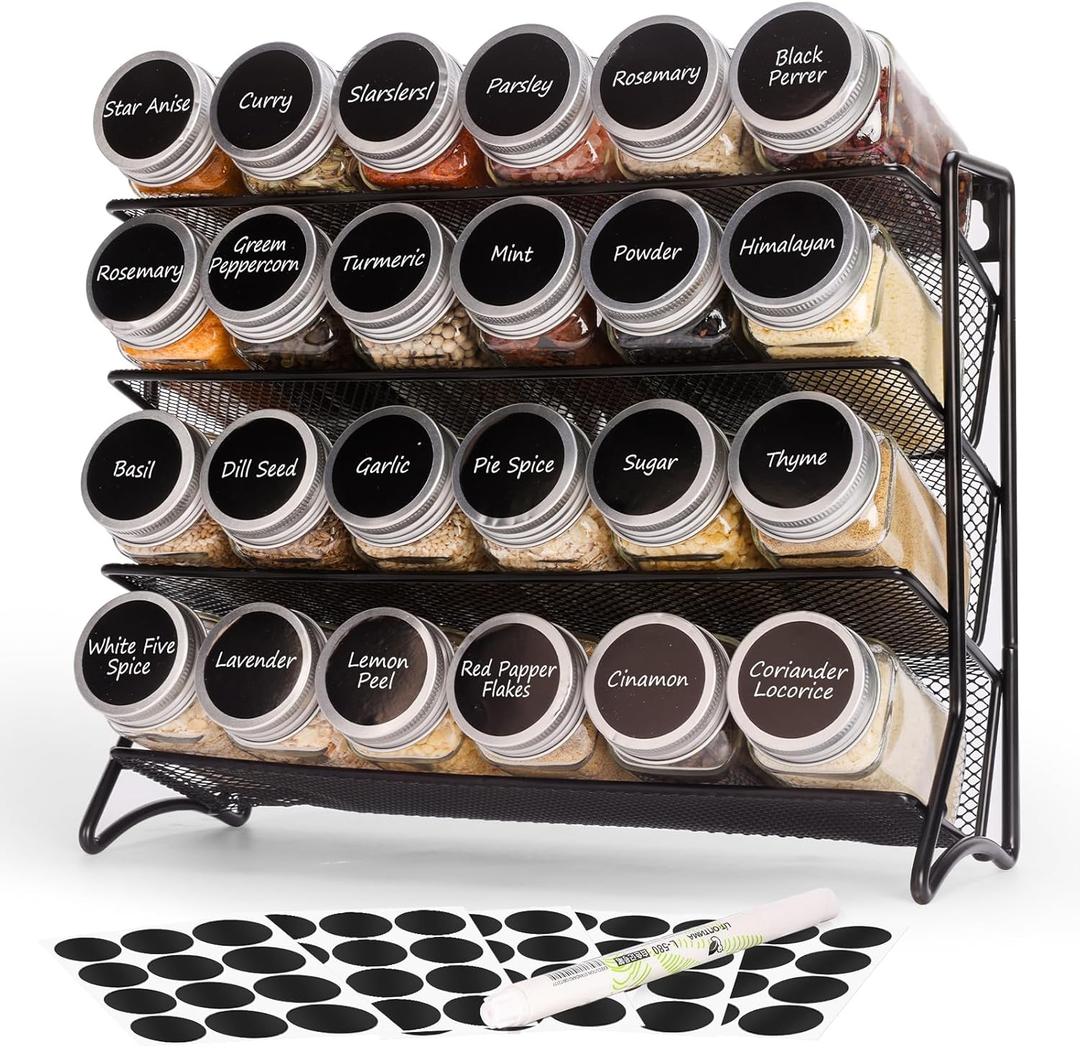 DIDITIME Spice Rack Organizer with 24 Glass Jars and 60 Labels, 4-Tier Seasoning Organizer for Cabinet, Countertop, Pantry or Wall Mount, Rust-Resistant Carbon Steel Spice Jar Set with Marker (silver)