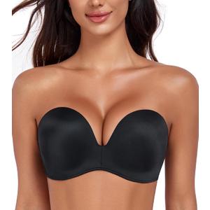 HACI Push Up Strapless Bra for Women Anti-Slip Padded Wireless Invisible (Pure Black, 34DD)