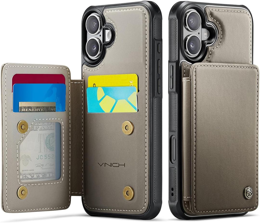 Vinich for iPhone 16 Plus Wallet Case with Card Holder, RFID Blocking Credit Slots Kickstand Shockproof Phone Cover Fit for iPhone 16 Plus 6.7" Gray