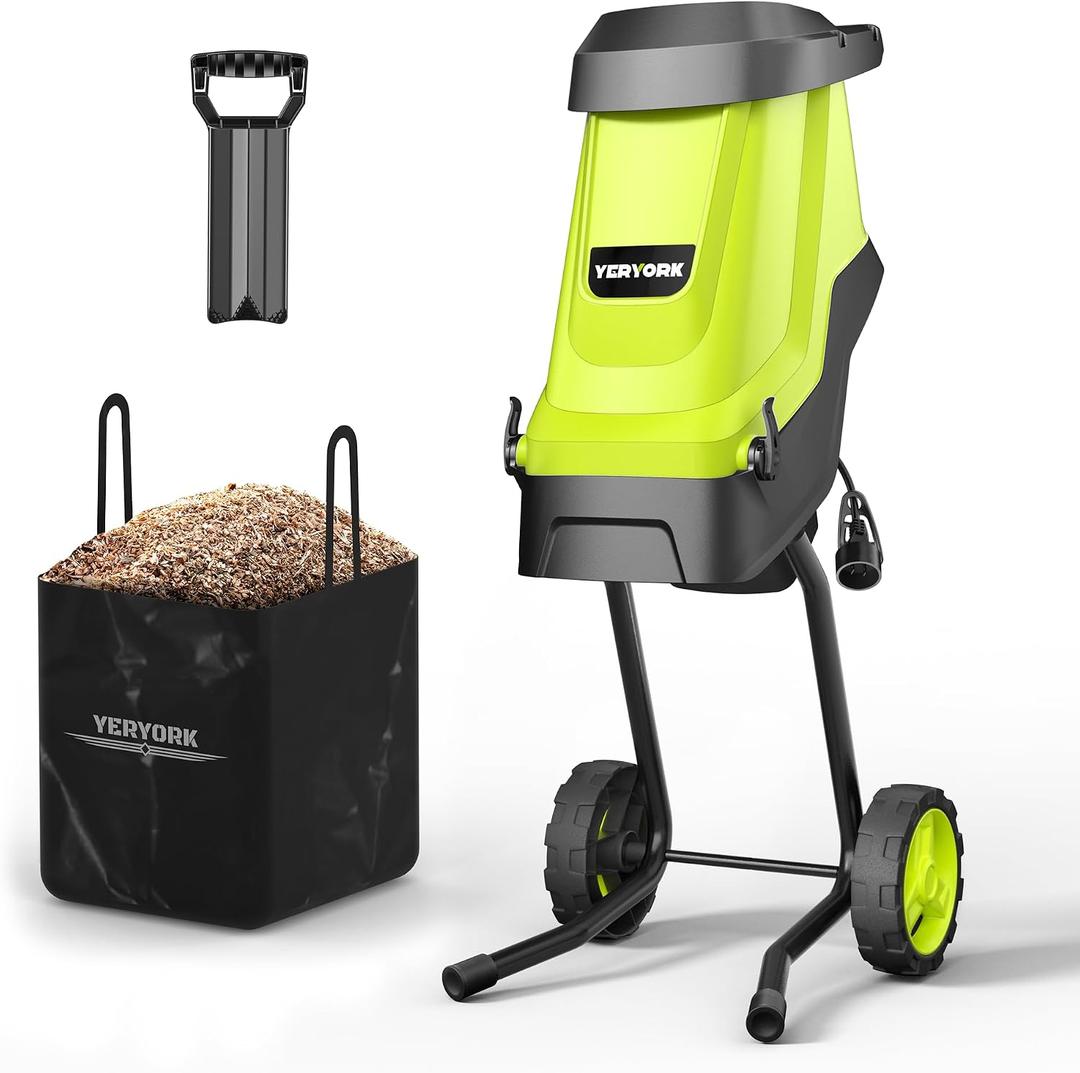 Yeryork Wood Chipper, 15-Amp 1.8" Cutting Diameter Electric Wood Chipper & Shredder with 50L Collection Bag, Efficient Mulcher for Easy Clean up Ideal for Yard Waste and Branches