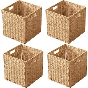 13x13x13 Storage Cube Bins Set of 4, Paper Rope Hand Woven Storage Basket with Handles, Collapsible Square Storage Cubes for Shelves, Wicker Shelf Baskets for Living Room Bedroom Organizing, Natural