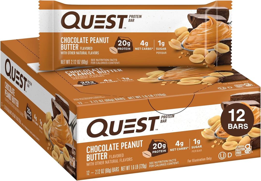 Quest Nutrition Chocolate Peanut Butter Bars, 20g Protein, 1g Sugar, 4g Net Carb, Gluten Free, Keto Friendly, 12 Count (EXP 05/29/26)