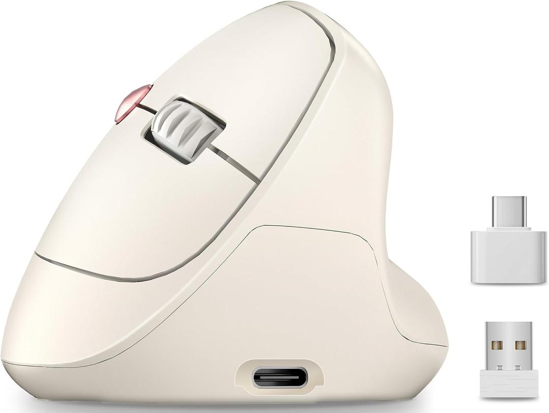 Ergonomic Vertical Wireless Mouse, 57 Natural Handshake for Wrist Pain Relief, Rechargeable 2.4G USB Computer Mouse, Quiet Click, 800/1200/1600 DPI, for Laptop PC Mac, Small/Medium Hands (Beige)