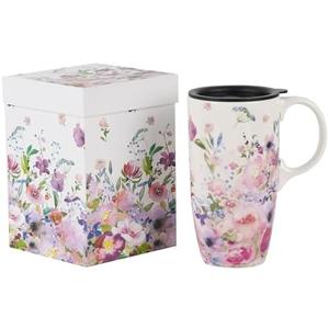 Ceramic Mug Tall Coffee Cup with Lid, Porcelain, Tea Cup with Handle for Latte, Cappuccino and Cocoa, Home and Office Coffee Cups, Art Pattern in Color Box, 17 oz, Pink Flower