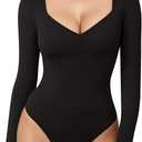 MANGOPOP Sweetheart V Neck Bodysuits for Women Long Short Sleeve Body Suits Tops Shirt (Black, M)