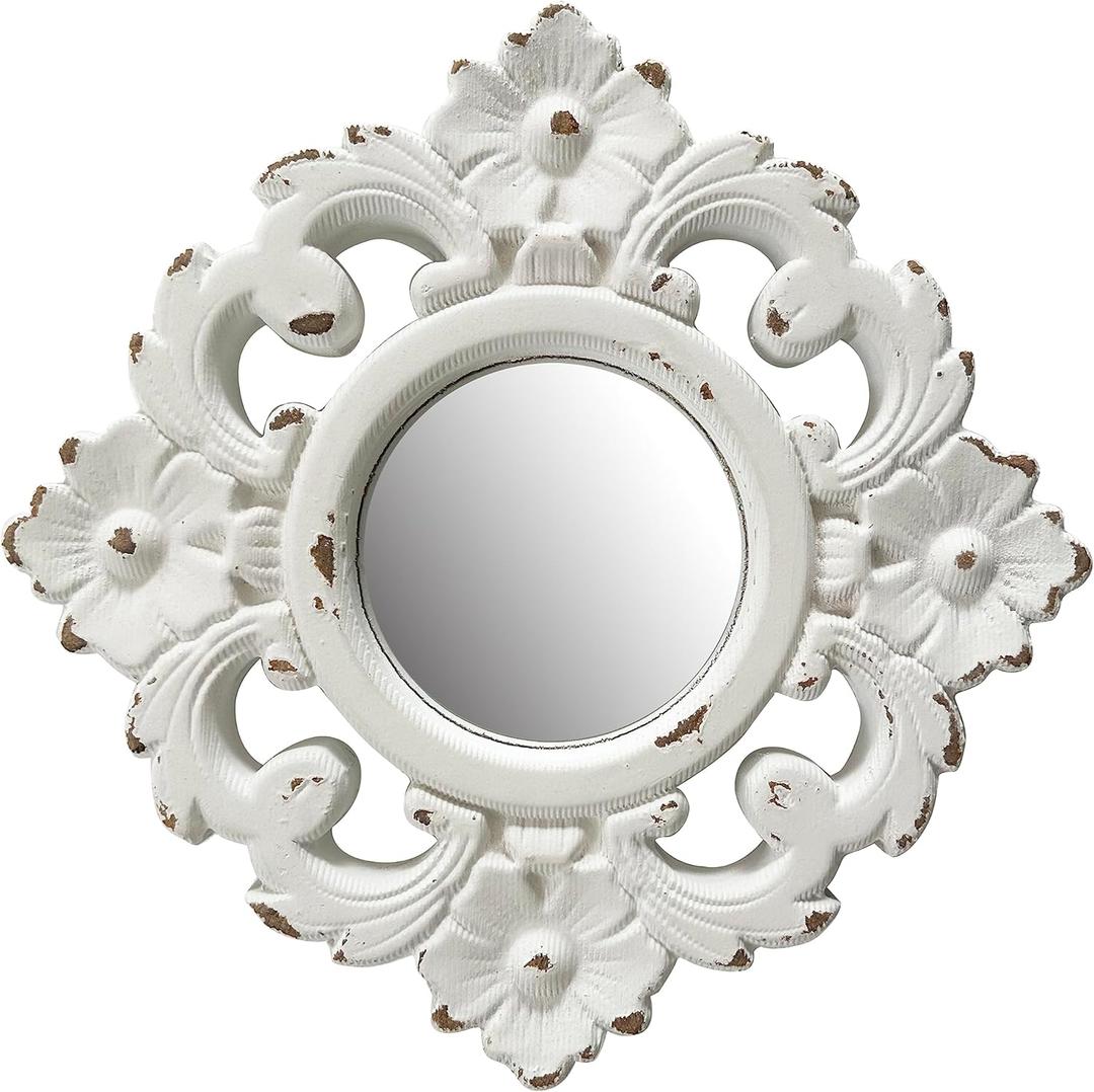 Handcarved Floral Wall Mirror Decoration, 11.8-inch Worn-Out White Country Wood Mirror, Used for Room Decoration, Home Decoration, Bedroom, Living Room, Bathroom, Kitchen