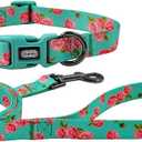 Dog Collar Leash Set, Floral Pattern, Polyester Material, Adjustable Collar and 5ft Matching Leash, for Medium Dogs.(M, Green Rose)
