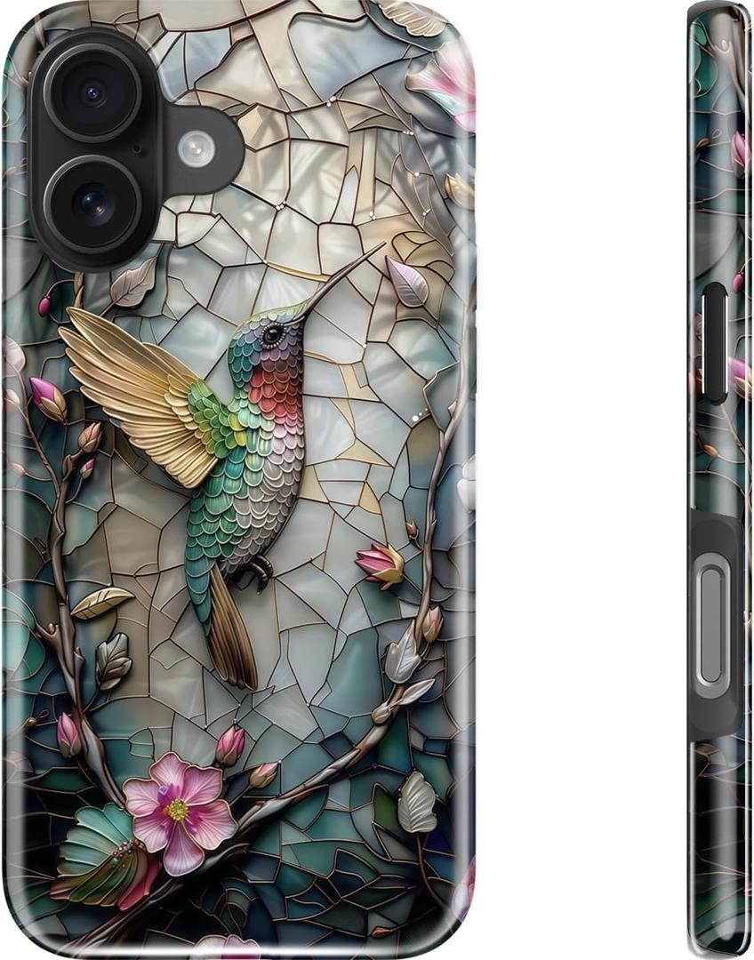 DEENAKIN for iPhone 16 Case - Wireless Charging Compatible - Dual-Layer Hard Shell & Silicone Cover - Protective Phone Case with Trendy Cute Designs for Women - Hummingbird Floral