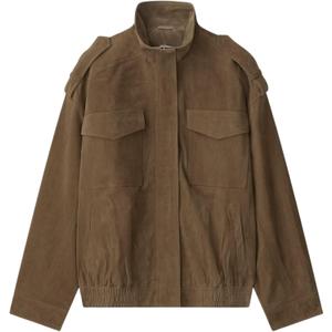 FindThy Womens Suede Leather Jacket Vintage High Collar Long Sleeve Zip Up Oversized Outerwear Coat with Pockets (Medium, Brown)