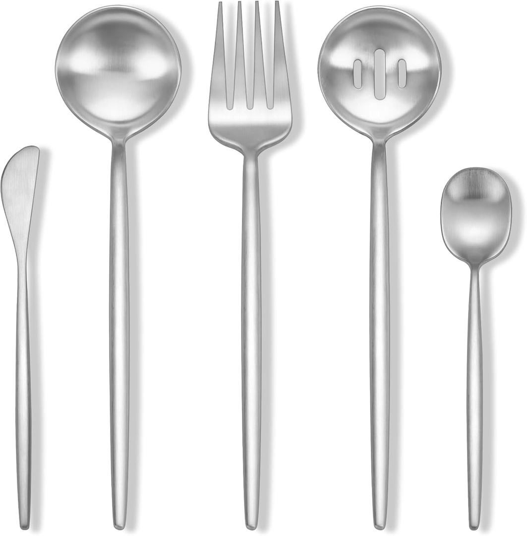 Stapava 5-Piece Matte Serving Utensils, Stainless Steel Flatware Serving Set with Large Spoons, Forks, Sugar Spoon & Butter Knife for Buffet Catering Banquet Party, Dishwasher Safe