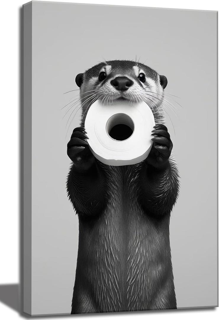 Funny Otter Bathroom Wall Art Decor, Humorous Animal Black and White Canvas Wall Art, Cute Otter Holding Toilet Paper Roll Canvas Artwork Print for Bathroom Toilet Restroom Washroom Wall Decor 16x24''