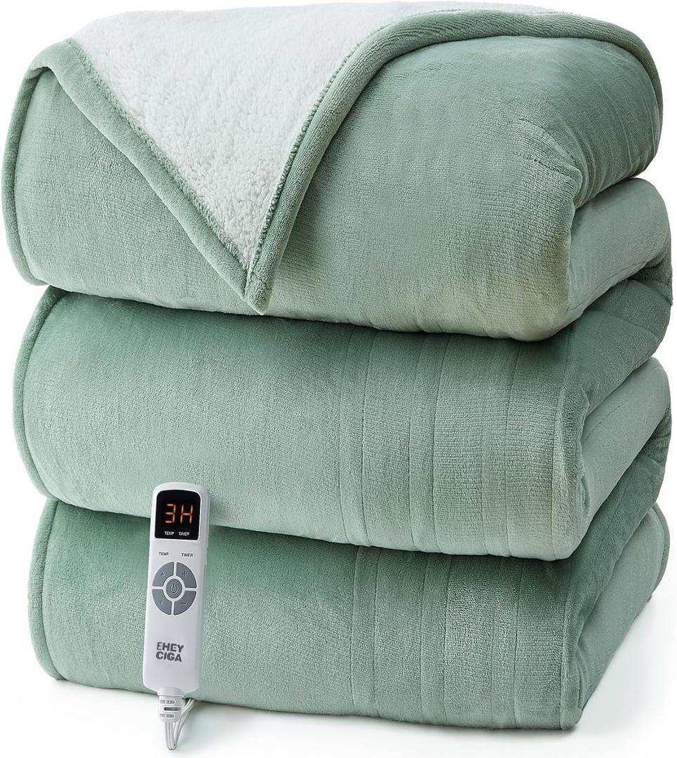 EHEYCIGA Heated Blanket - Electric Throw with 9 Heating Levels & 10 Hr Auto Off, Soft Cozy Sherpa Washable Blanket, 50 x 60 Inches (Sage Green)