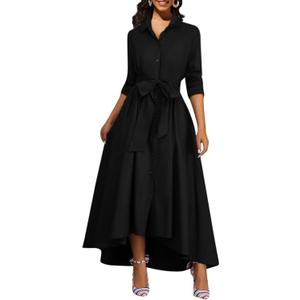Women's Button Down T-Shirt Dress Casual High Low V Neck Loose Long Dress with Belts (X-Large, D Black)