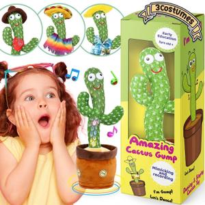 Dancing Cactus, Talking Cactus Toy for Baby Cactus Toy Mimic Voice Recording Repeats What You Say | Gift for Toddlers/Kids (Rechargeable) (Rechargeable with 3 Costumes)