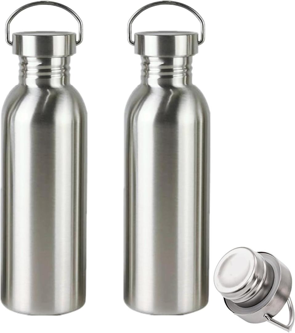 2 Pack 18/8 Stainless Steel Water Bottle, 26OZ Single Wall Sports Water Bottle for Camping Picnic, Metal Sports Kettle with Handle for Runners, Hikers, Cyclists