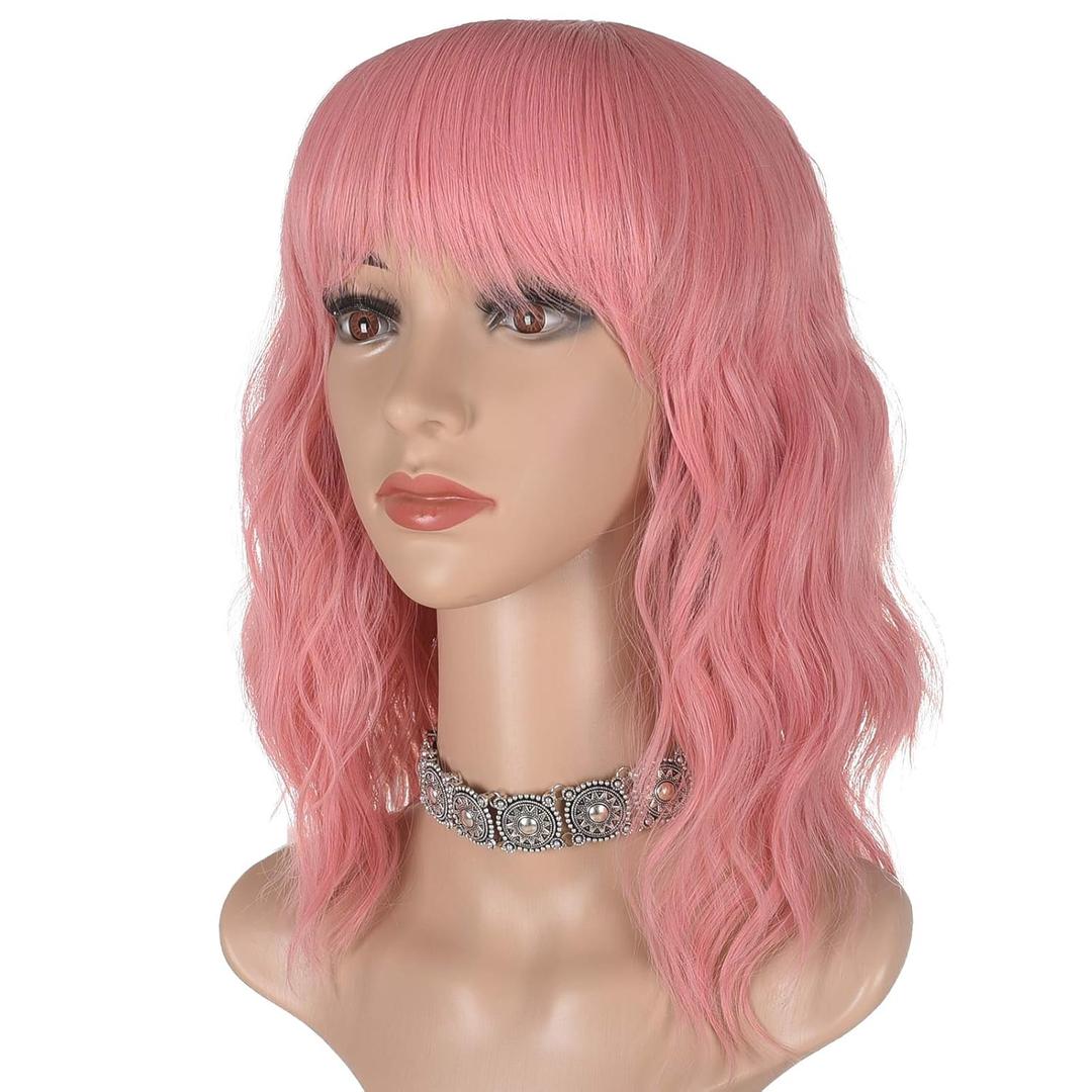 morvally Short Pink Wavy Bob Wig with Bangs for Women 16 Inches Natural Synthetic Hair Wavy Wigs