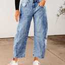 Utyful Barrel Jeans Women Cropped Baggy Trendy High Waisted Distressed Loose Stretch Denim Trouser Jeans with Pockets (Blue, M)