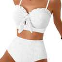 Herseas Women's Seashell Textured Bikini Sets Knotted Front 2 Piece Swimsuits Ruffle Trim Bathing Suits (Medium, White)
