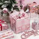 Burymento Christmas Wrapping Paper, Reversible Pink Christmas Tree, HO Santa Laughter, Snowflake, Reindeer, Design Gift Wrapping Paper Suitable for Holiday, Mini Roll (17 Inch X 120 Inch)