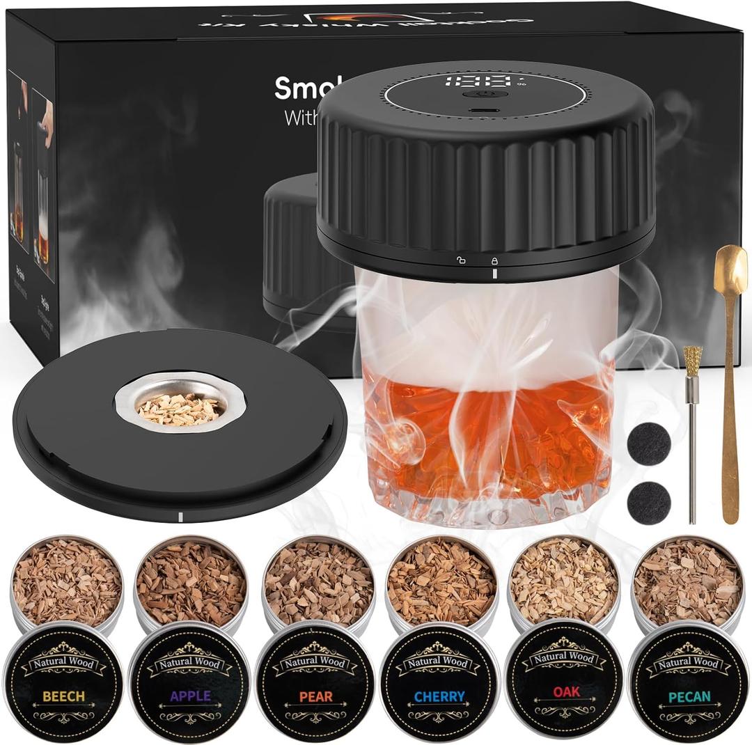 Electric Whiskey Smoker kit - Built-in Lighter (No ButaneDrink Smoker, 6 Wood Chip Flavors, Rechargeable Cocktail Smoker Kit, Birthday Bourbon Whiskey Gift, Suitable for Men, Dad, Husband