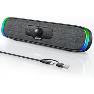 SOULION Computer Speakers, USB C/USB Powered PC Speaker with Colorful LED Lights, Plug-N-Play Wired Bluetooth Sound bar with Rotary Control for Desktop Laptop Monitor Office Work Music Black