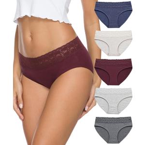 Womens Cotton Underwear 5-Pack - Breathable Lace Bikini Panties, Full Coverage Ladies Underwear Soft Combed Cotton (Large, Dark)