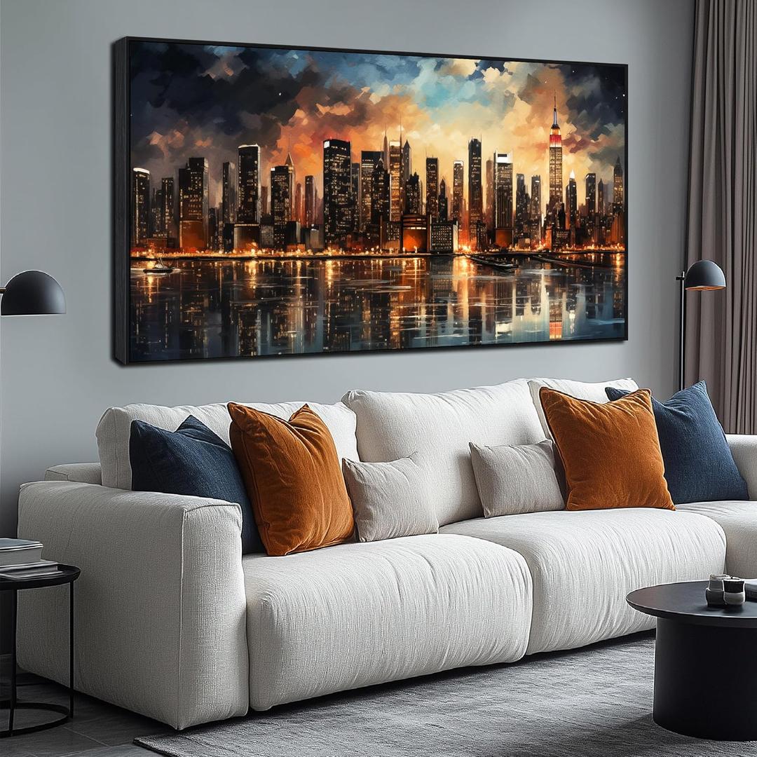 New York Skyline Wall Art Black Framed Wall Art for Living Room, 58"L x 29"W